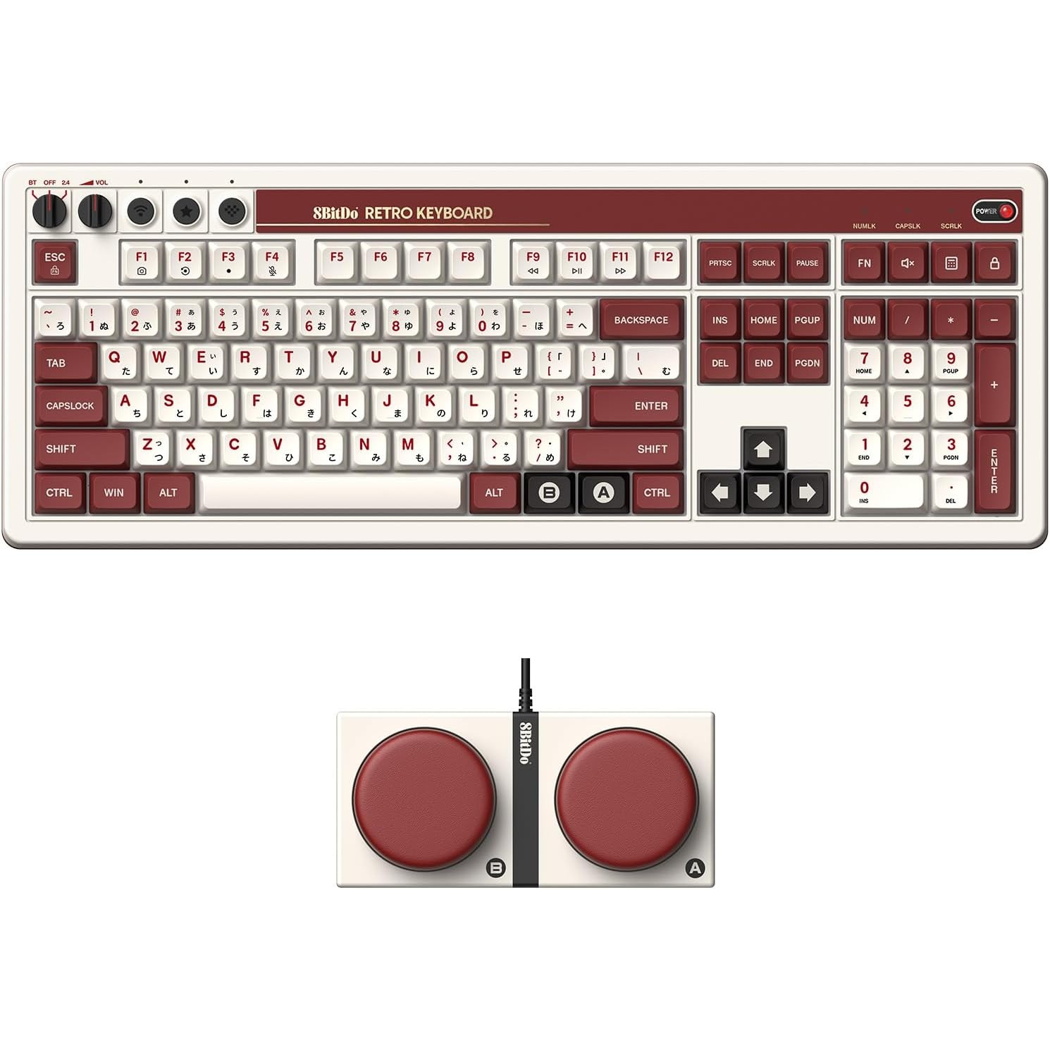 Tastatura Mecanica Wireless 8BitDo Retro 108 si Numpad integrat, Bluetooth/2.4G/USB-C Hot Swappable Gaming Retro pentru Windows si Android - Fami Edition (6922621506645)-0